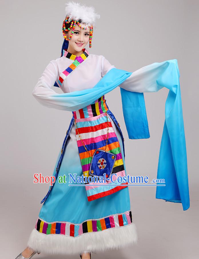 Chinese Folk Tibetan Dance Costume and Hat Complete Set for Women