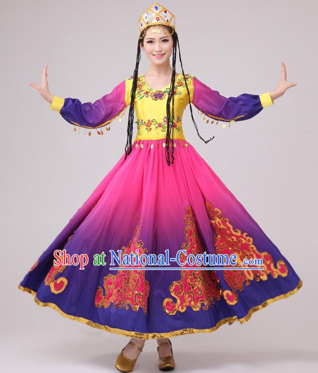 Chinese Folk Xinjiang Dance Costume and Hat Complete Set for Women