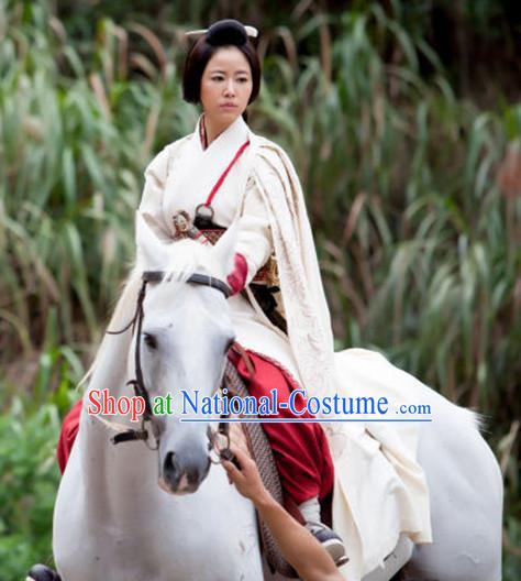 Chinese Female General White Hanfu Cloak Dress Gown Costumes Ancient Costume Clothing Complete Set