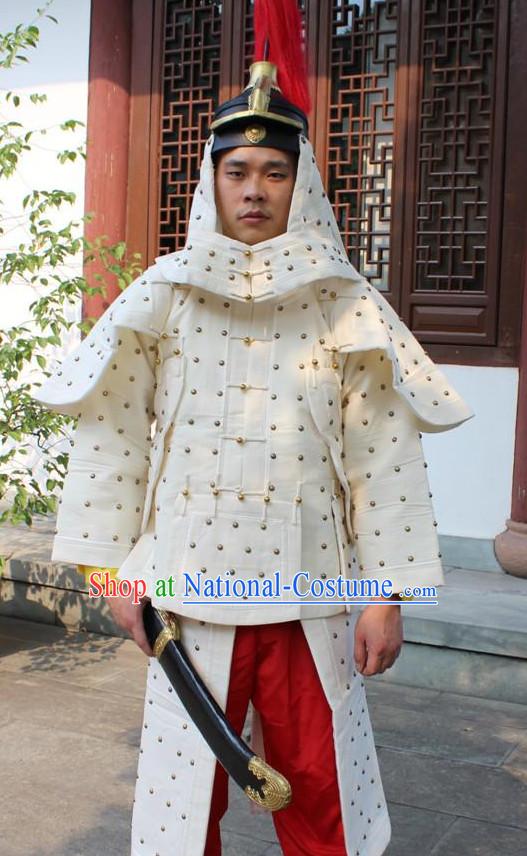 Chinese Qing Dynasty General White Armor Hanfu Dress Gown Costumes Ancient Costume Clothing Complete Set