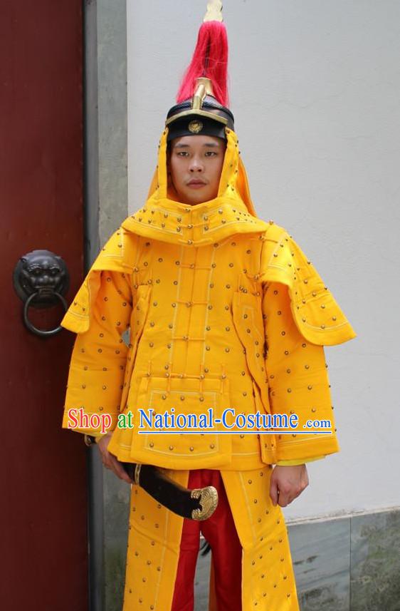 Yellow Chinese Qing Dynasty General White Armor Hanfu Dress Gown Costumes Ancient Costume Clothing Complete Set