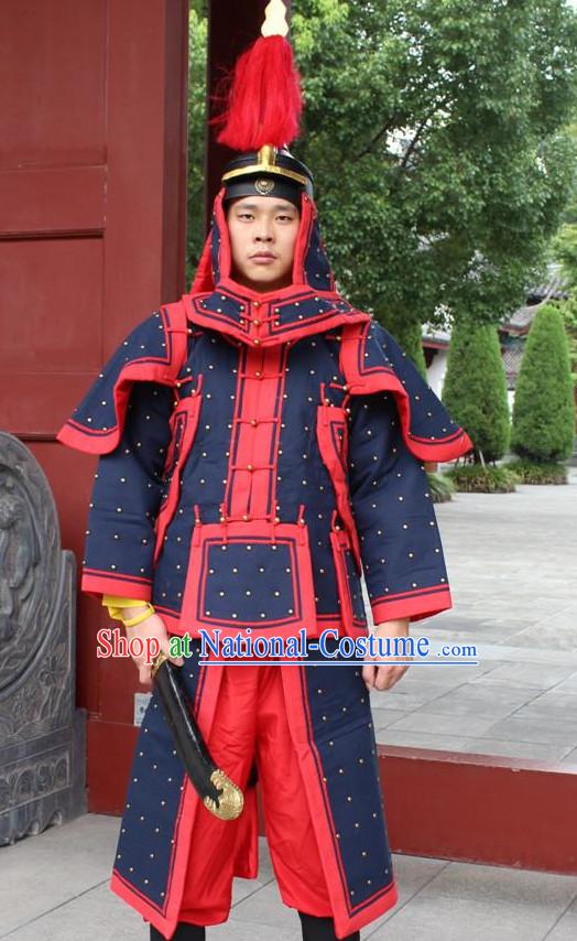 Deep Blue Chinese Qing Dynasty General White Armor Hanfu Dress Gown Costumes Ancient Costume Clothing Complete Set