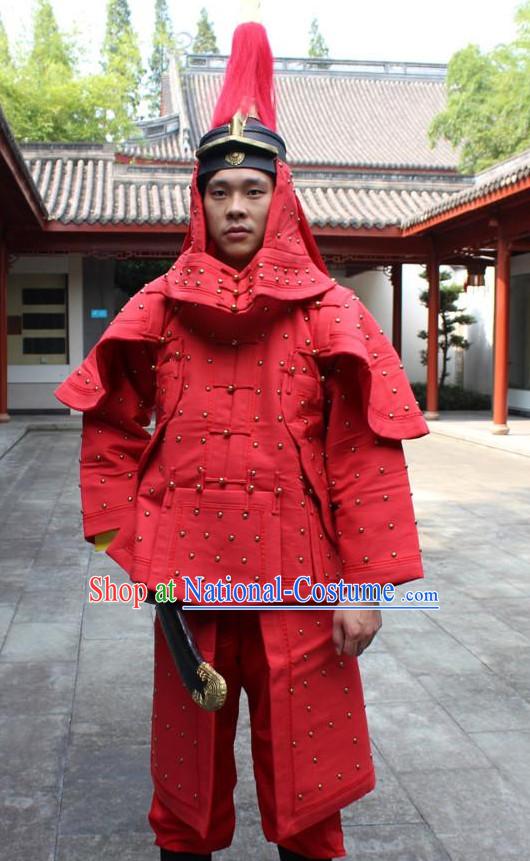 Red Chinese Qing Dynasty General White Armor Hanfu Dress Gown Costumes Ancient Costume Clothing Complete Set