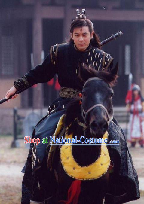 Black Chinese Men Knight Costume Stage Drama Costumes Parade Costume Complete Set