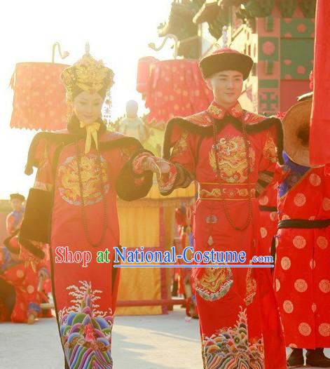 Chinese Qing Dynasty Emperor and Empress Imperial Dresses and Hats Two Complete Sets for Men and Women