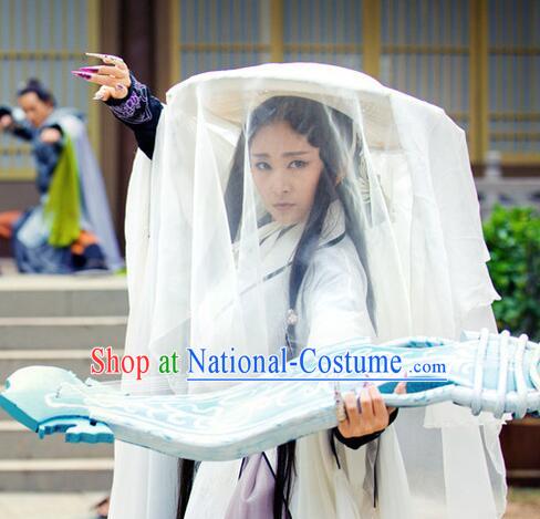 Chinese Ancient Swordsman Bamboo Coolie Hat with White Long Veil