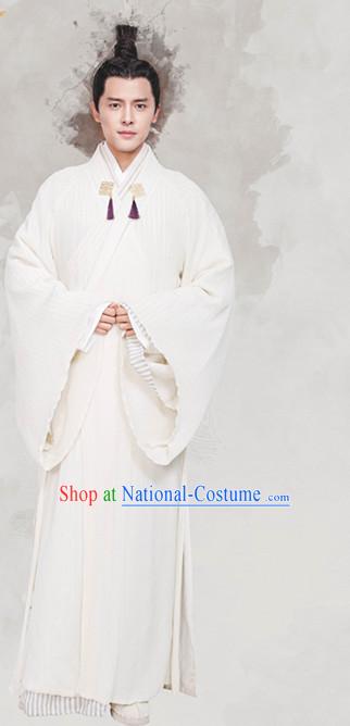 Chinese Ancient Scholar White Hanfu Clothing Garment Complete Set for Men