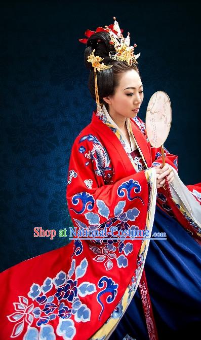 Ancient Chinese Princess Wedding Dresses Traditional Royal Stage Hanfu Classical Dress National Costumes Clothing and Hair Jewelry Complete Set