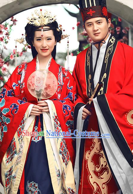 Ancient Chinese Princess and Bridegroom Wedding Dresses Traditional Royal Stage Hanfu Classical Dress National Costumes Clothing and Hair Jewelry Complete Set