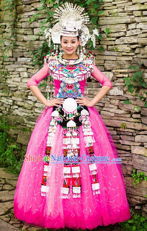 Pink Chinese Miao Princess Clothing Miao Clothes Minority Dresses Ethnic Costumes and Accessories Complete Set for Women