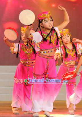 Chinese Xinjiang Minority Dance Costume Dance Costumes Fan Dance Umbrella Ribbon Fans Dance Fan Water Sleeve Costume for Women or Children