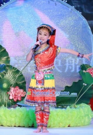 Chinese Stage Minority Dance Costume Dance Costumes Fan Dance Umbrella Ribbon Fans Dance Fan Water Sleeve Costume for Children Girls