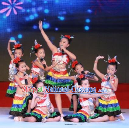 Chinese Stage Minority Dance Costume Dance Costumes Fan Dance Umbrella Ribbon Fans Dance Fan Water Sleeve Costume for Children Girls