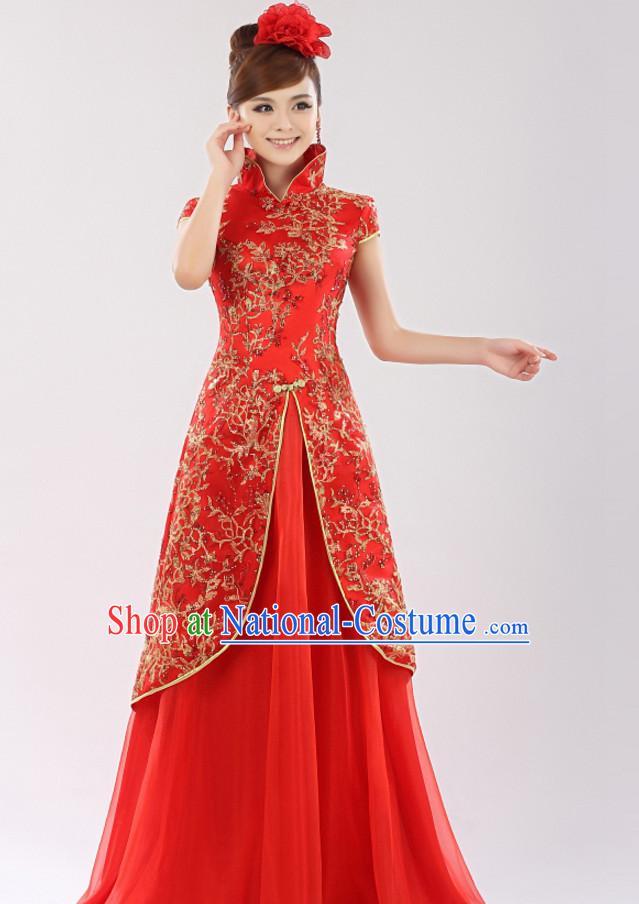 Chinese Traditional Long Evening High Collar Red Dress