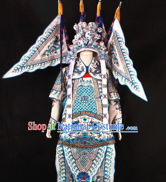 Blue China Beijing Opera Chinese Peking Opera Costume Embroidered Robe Military General Opera Costumes Complete Set