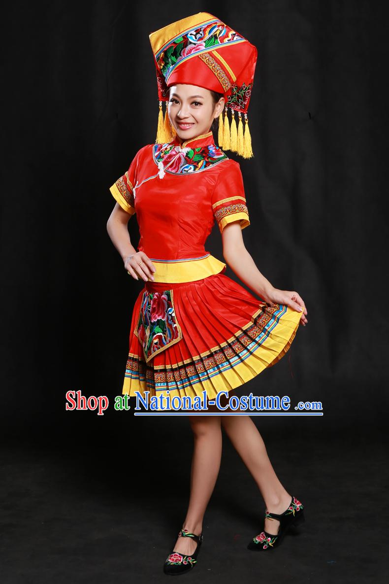 Chinese Zhuang Minority Dresses Ethnic Clothing Minority Dance Costume Minority Dress Complete Set for Women