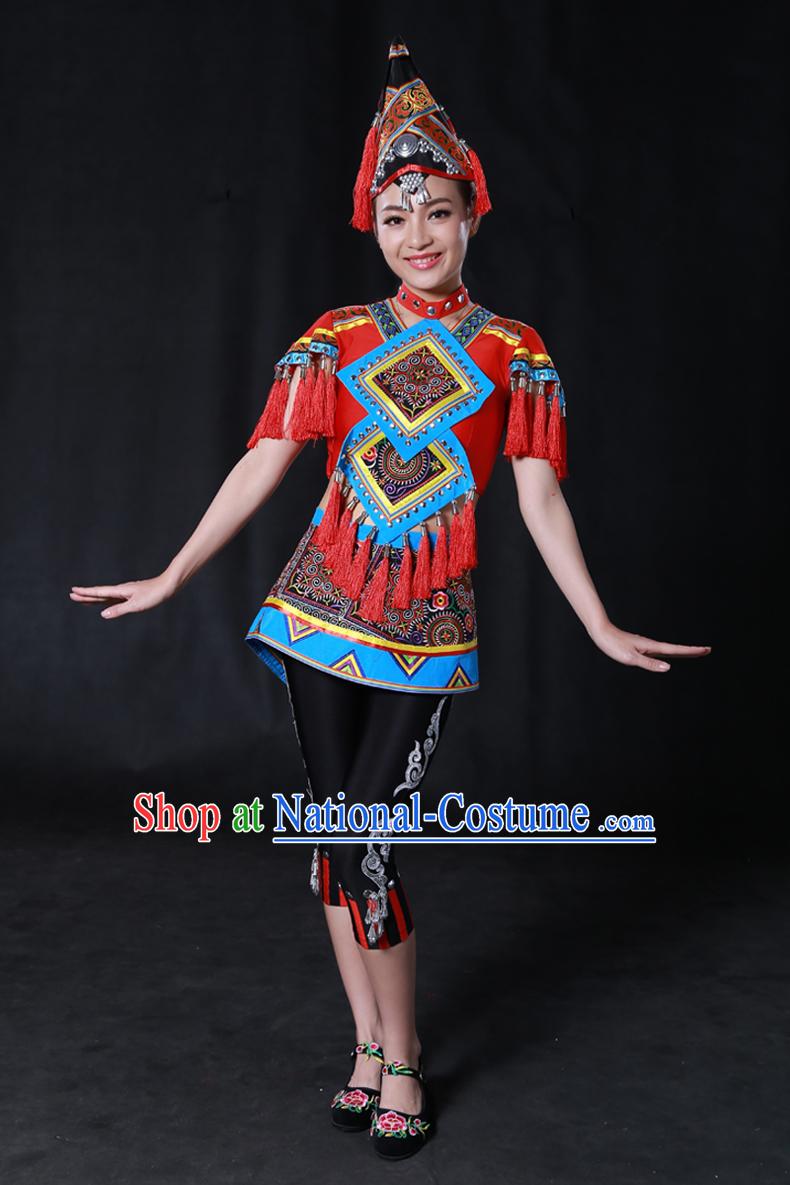 Chinese Yi Lao Miao Zhuang Bai Yao Minority Women Dresses Ethnic Clothing Minority Dance Costume Minority Dress Complete Set