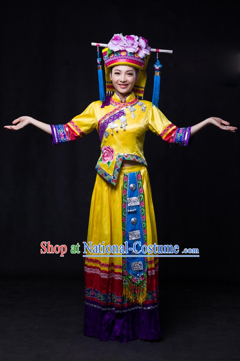 Chinese Yi Lao Miao Zhuang Minority Women Dresses Ethnic Clothing Minority Dance Costume Minority Dress Complete Set