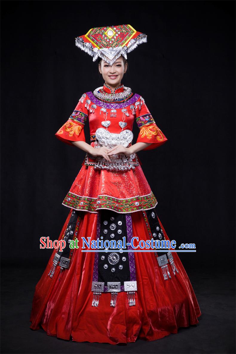 Chinese Yi Lao Miao Zhuang Bai Yao Minority Women Dresses Ethnic Clothing Minority Dance Costume Minority Dress Complete Set