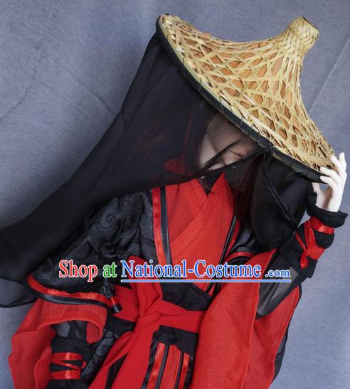 Ancient Chinese Swordsman Costumes and Bamboo Hat Veil Complete Set