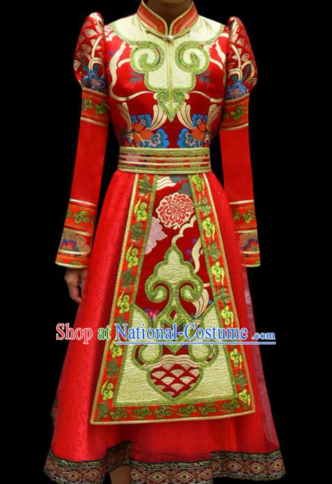 Red Mongolian Minority Empress Mongol Mongolia Princess Clothing Ethnic Traditional Costumes Complete Set