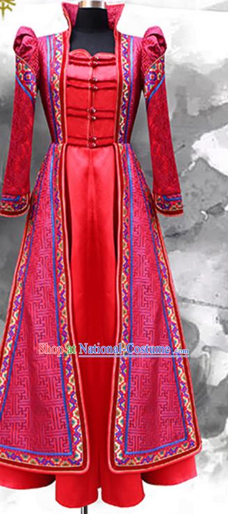 Red Mongolian Minority Empress Mongol Mongolia Princess Clothing Ethnic Traditional Costumes Complete Set