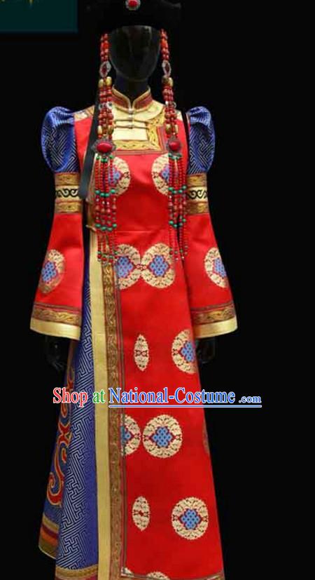 Red Mongolian Minority Empress Mongol Mongolia Princess Clothing Ethnic Traditional Costumes Complete Set