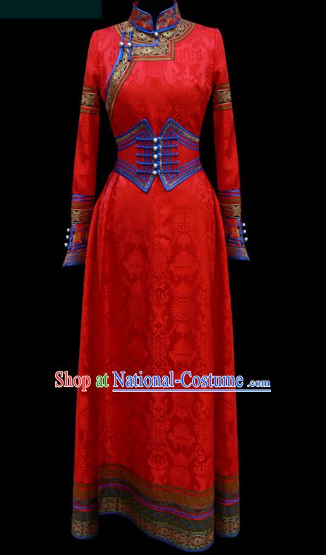 Red Mongolian Minority Empress Mongol Mongolia Princess Clothing Ethnic Traditional Costumes Complete Set