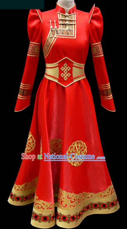 Red Mongolian Minority Empress Mongol Mongolia Princess Clothing Ethnic Traditional Costumes Complete Set