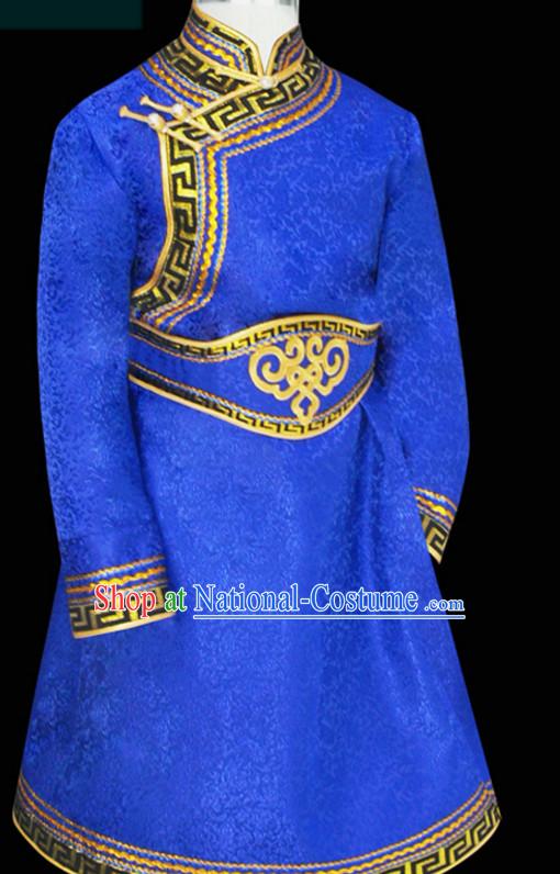 China Mongolian Minority Emperor Mongol Blue Long Robe Mongolia Prince Clothing Ethnic Traditional Costumes Complete Set
