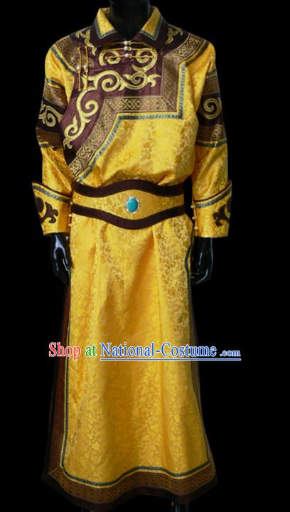 Chinese Yellow Mongolian Minority Emperor Mongol Long Robe Mongolia Prince Clothing Ethnic Traditional Costumes Complete Set