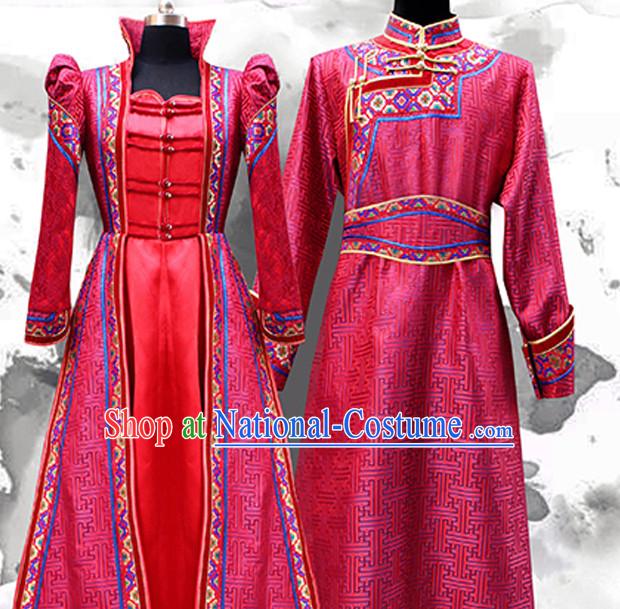 Top Mongolian Minority Ethnic Traditional Wedding Dresses and Hats 2 Complete Sets for Brides and Bridegrooms