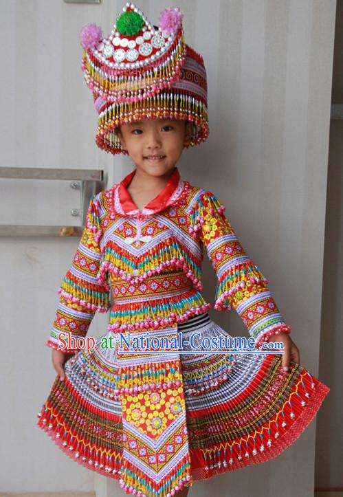 Hmong Minority Dresses Miao Clothing Ethnic Miao Minority Dance Costume Minority Dress Dance Miao Costumes Complete Set for Kids