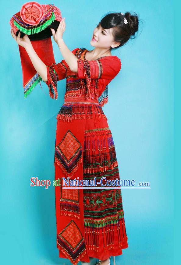 Hmong Women Minority Dresses Miao Girls Clothing Ethnic Miao Minority Dance Costume Minority Dress Dance Miao Costumes and Hat Complete Set