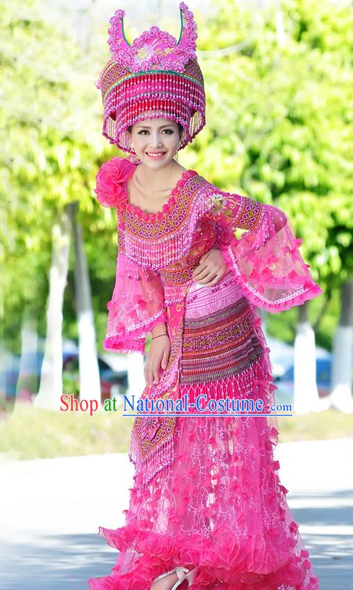 Hmong Women Minority Dresses Miao Girls Clothing Ethnic Miao Minority Dance Costume Minority Dress Dance Miao Costumes and Hat Complete Set