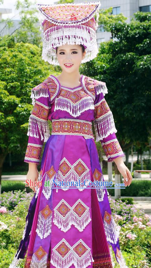 Hmong Women Minority Dresses Miao Girls Clothing Ethnic Miao Minority Dance Costume Minority Dress Dance Miao Costumes and Hat Complete Set