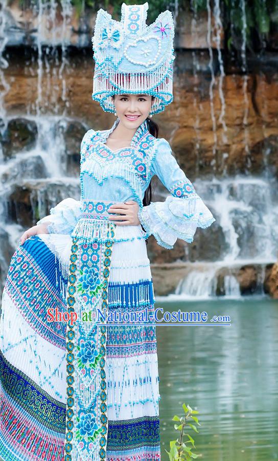 Hmong Women Minority Dresses Miao Girls Clothing Ethnic Miao Minority Dance Costume Minority Dress Dance Miao Costumes and Hat Complete Set