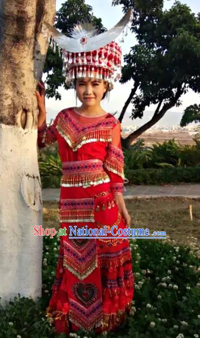 Hmong Women Minority Dresses Miao Girls Clothing Ethnic Miao Minority Dance Costume Minority Dress Dance Miao Costumes and Hat Complete Set