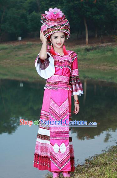 Hmong Women Minority Dresses Miao Girls Clothing Ethnic Miao Minority Dance Costume Minority Dress Dance Miao Costumes and Hat Complete Set