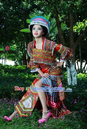 Hmong Women Minority Dresses Miao Girls Clothing Ethnic Miao Minority Dance Costume Minority Dress Dance Miao Costumes and Hat Complete Set