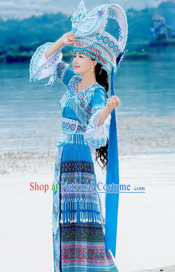 Hmong Women Minority Dresses Miao Girls Clothing Ethnic Miao Minority Dance Costume Minority Dress Dance Miao Costumes and Hat Complete Set