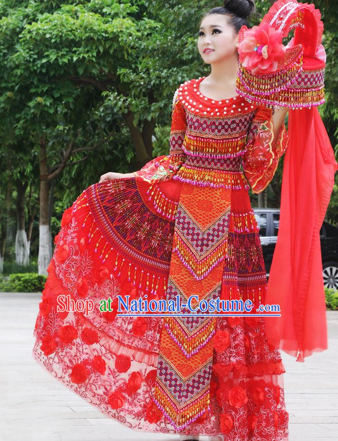 Hmong Women Minority Dresses Miao Girls Clothing Ethnic Miao Minority Dance Costume Minority Dress Dance Miao Costumes and Hat Complete Set