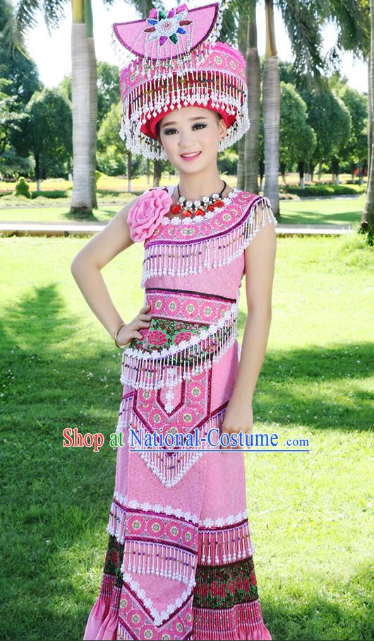 Hmong Women Minority Dresses Miao Girls Clothing Ethnic Miao Minority Dance Costume Minority Dress Dance Miao Costumes and Hat Complete Set