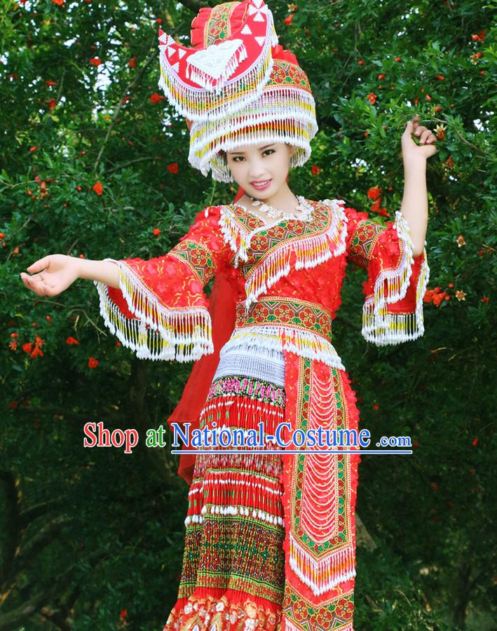 Hmong Women Minority Dresses Miao Girls Clothing Ethnic Miao Minority Dance Costume Minority Dress Dance Miao Costumes and Hat Complete Set