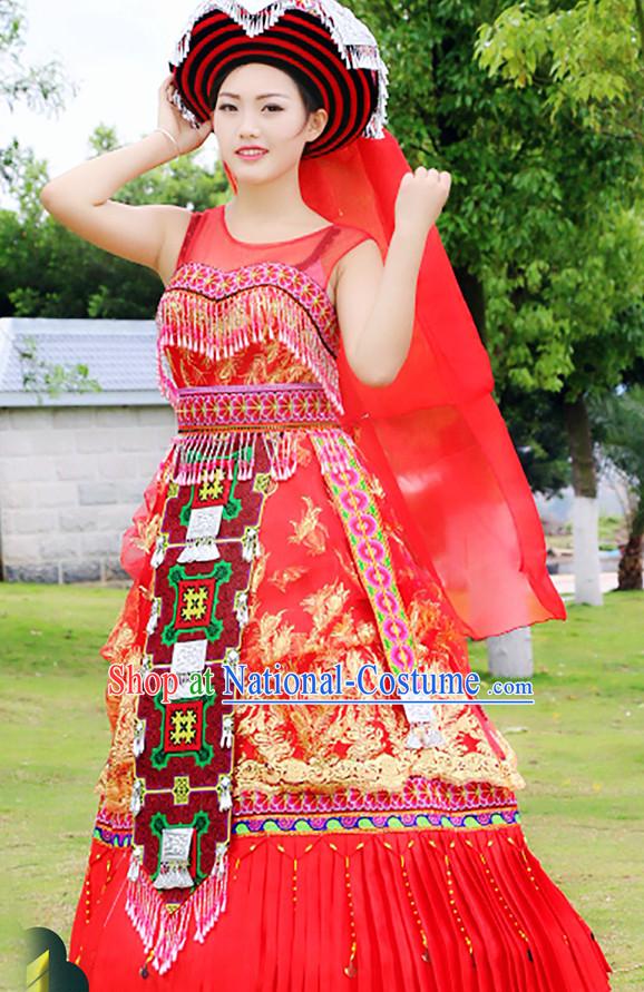 Hmong Women Minority Dresses Miao Girls Clothing Ethnic Miao Minority Dance Costume Minority Dress Dance Miao Costumes and Hat Complete Set