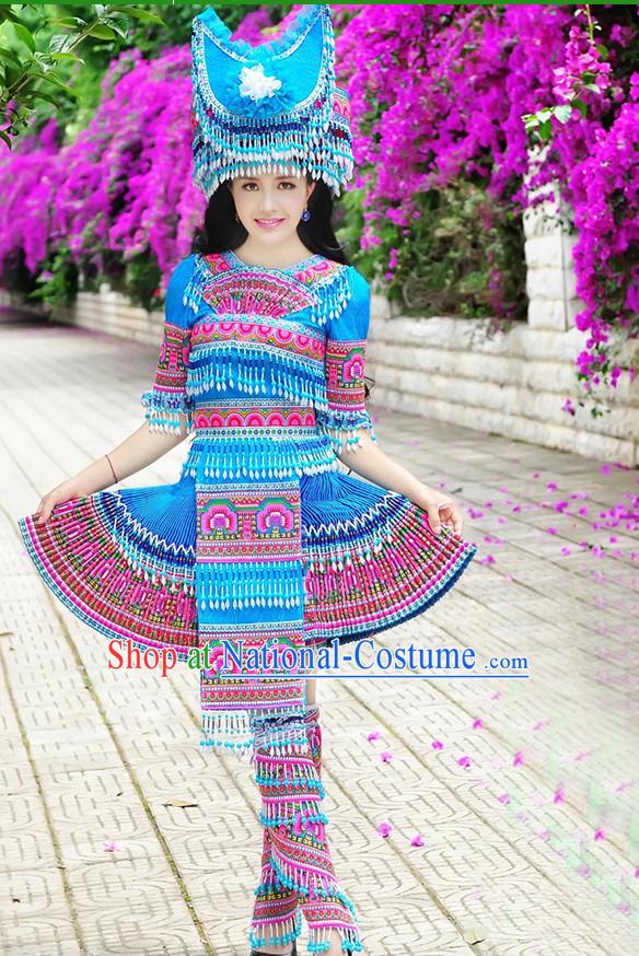 Hmong Women Minority Dresses Miao Girls Clothing Ethnic Miao Minority Dance Costume Minority Dress Dance Miao Costumes and Hat Complete Set