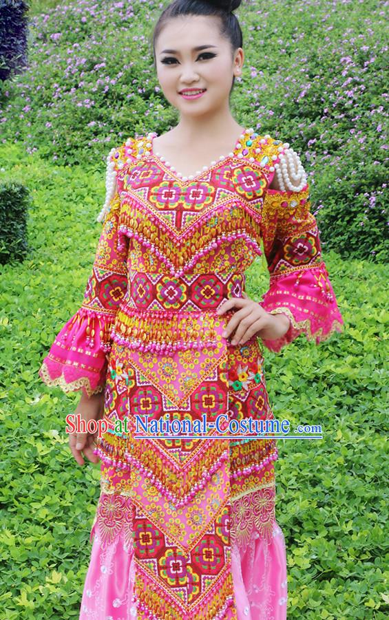 Hmong Women Minority Dresses Miao Girls Clothing Ethnic Miao Minority Dance Costume Minority Dress Dance Miao Costumes and Hat Complete Set