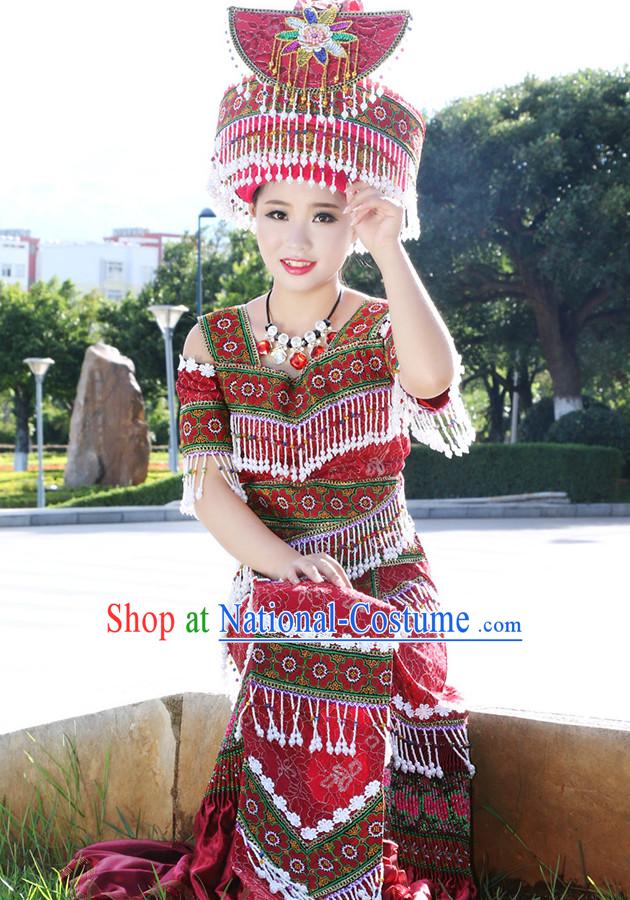 Hmong Women Minority Dresses Miao Girls Clothing Ethnic Miao Minority Dance Costume Minority Dress Dance Miao Costumes and Hat Complete Set