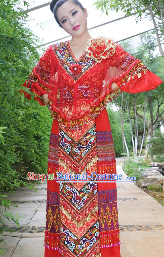 Hmong Women Minority Dresses Miao Girls Clothing Ethnic Miao Minority Dance Costume Minority Dress Dance Miao Costumes and Hat Complete Set