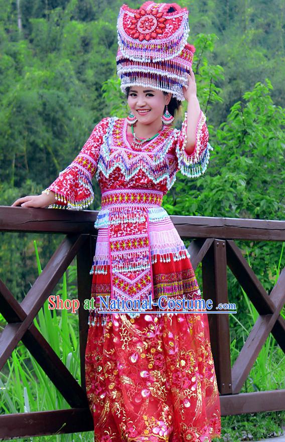 Hmong Women Minority Dresses Miao Girls Clothing Ethnic Miao Minority Dance Costume Minority Dress Dance Miao Costumes and Hat Complete Set